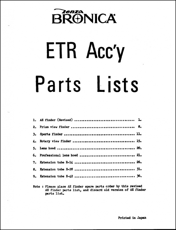 Bronica ETR System Accessories Parts List