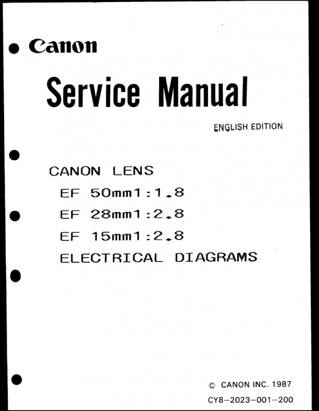 Canon EF 50mm f1.8, 28mm f2.8 and 15mm f2.8 Service Manual
