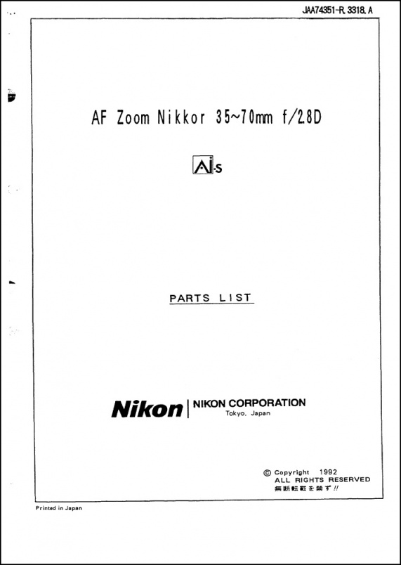 Nikon AF-Nikkor 35-70mm f2.8D Lens Parts List