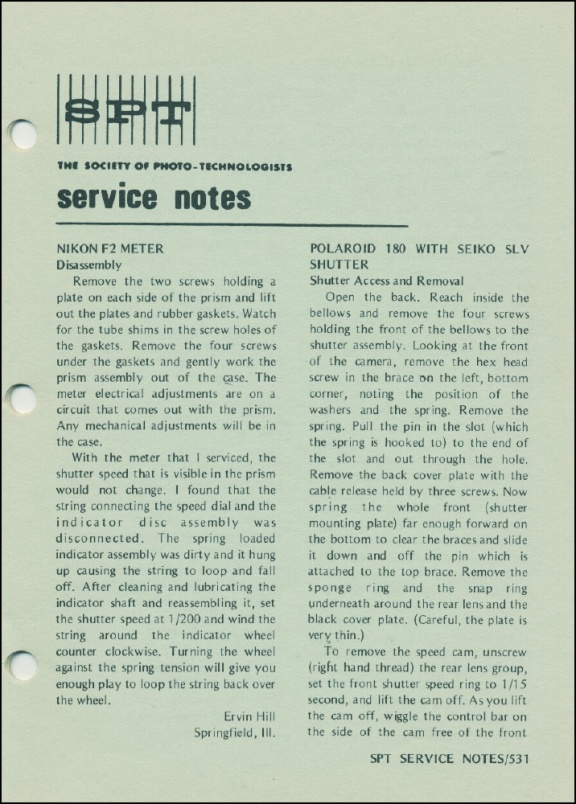 SPT Service Notes: Mid-1973