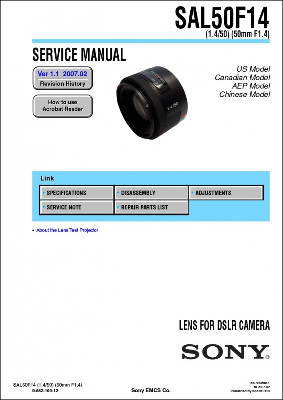 Sony 50mm f1.4 Lens Service Manual